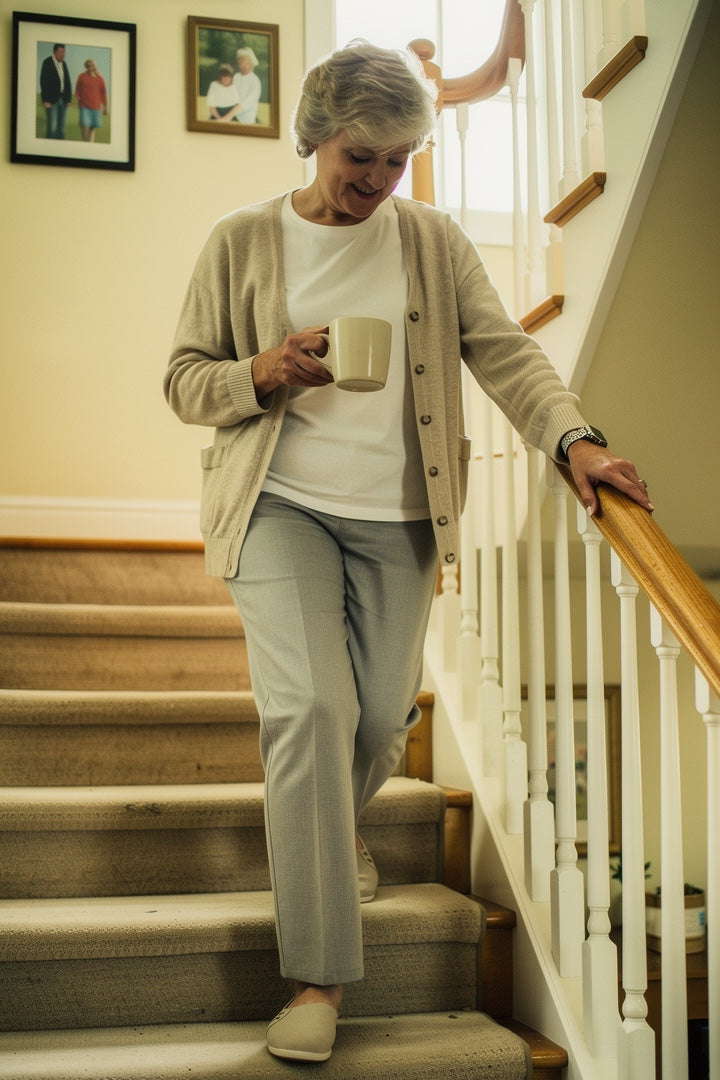 Woman walking down the stairs with ease, holding a coffee