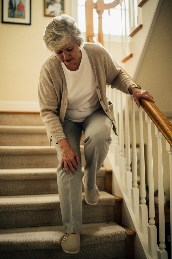 Woman holding her knee in pain on the stairs